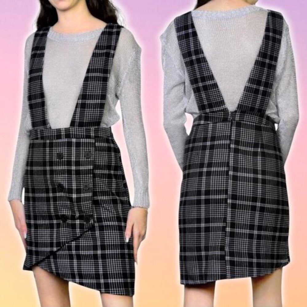 STORIA Plaid Overall Mini Dress Sz Small Black White